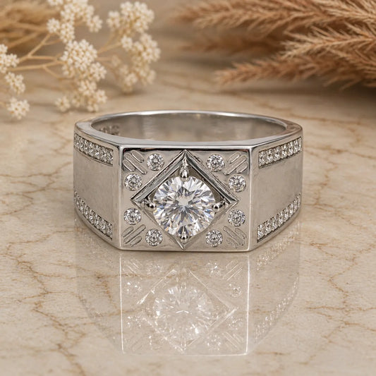 Royal Geometric Halo Men's Statement Ring in Silver Finish