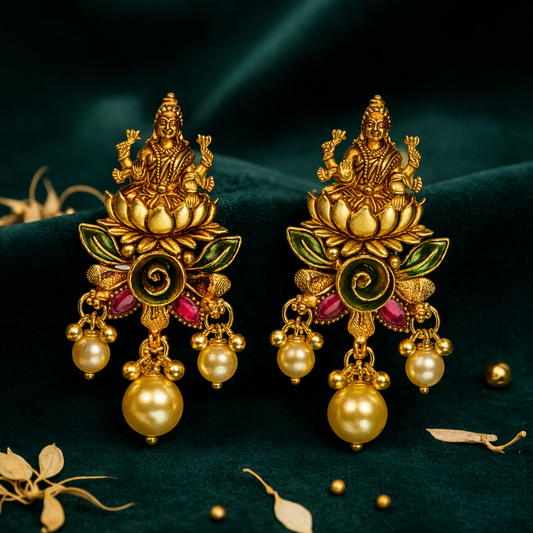 Antique Gold Plated Lakshmi Temple Earrings with Lotus Motif & Pearl Drops