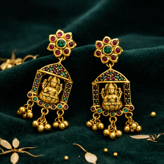 Traditional Lakshmi Temple Frame Earrings with Ruby & Green Stones
