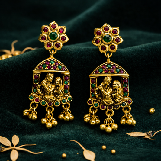 Antique Gold Plated Radha Krishna Temple Earrings with Multicolor Stones & Bead Danglers