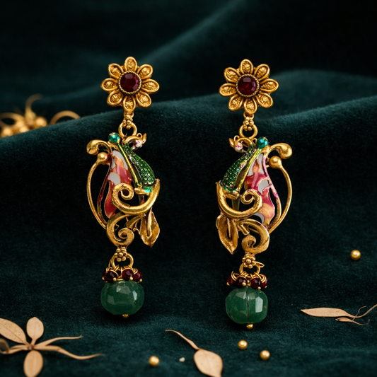 Antique Gold Plated Floral Peacock Earrings with Green Bead Drops