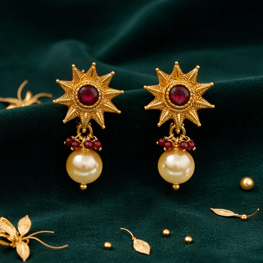 Antique Gold Plated Sun Motif Ruby Stud Earrings with Pearl Drops