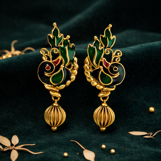 Antique Gold Plated Peacock Enamel Earrings with Green Accents & Gold Drop