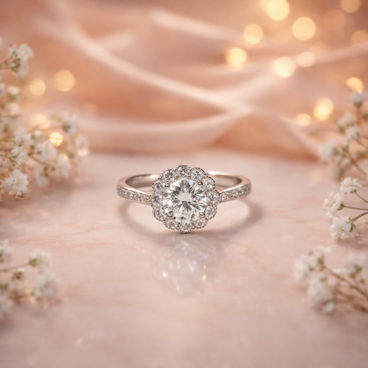 Elegant Halo Sparkle Silver Ring – Classic Round Cut Statement Piece