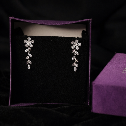 Floral Leaf Drop Earrings in 925 Sterling Silver