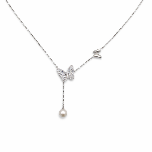 Elegant Butterfly Pearl Drop Pendant in Sterling Silver