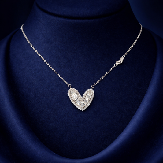 Radiant Chevron Heart Halo Pendant in Sterling Silver