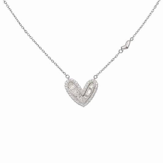 Radiant Chevron Heart Halo Pendant in Sterling Silver