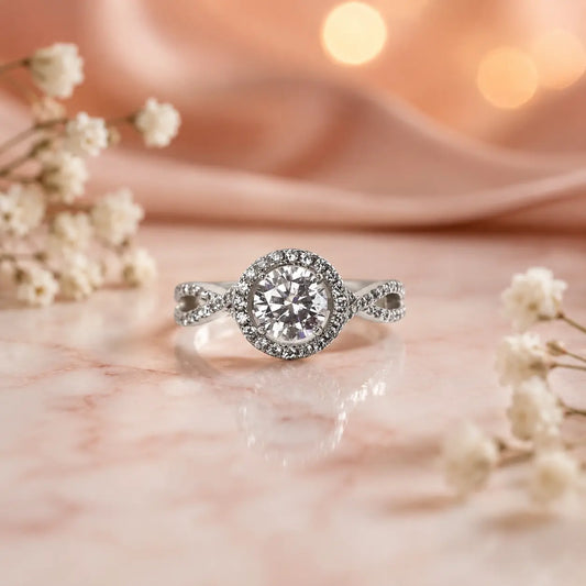 Elegant Round Halo Infinity Twist Diamond Engagement Ring