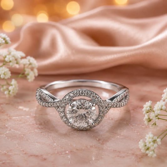Elegant Round Halo Infinity Twist Diamond Engagement Ring