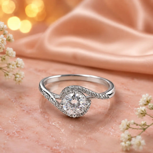 Elegant Spiral Halo Cubic Zirconia Promise Ring in Sterling Silver