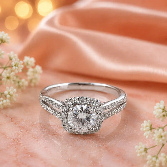 Round Halo Split-Shank Cubic Zirconia Ring in Sterling Silver