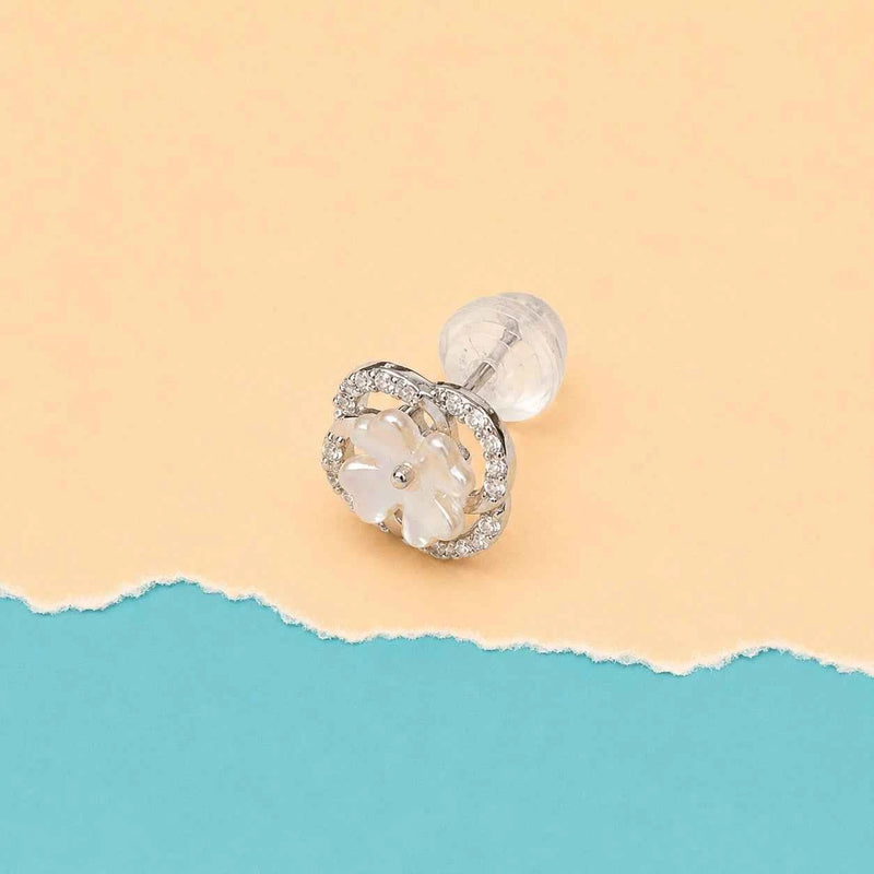 925 silver flower stud earring with iridescent mother-of-pearl petals and diamond halo, side view