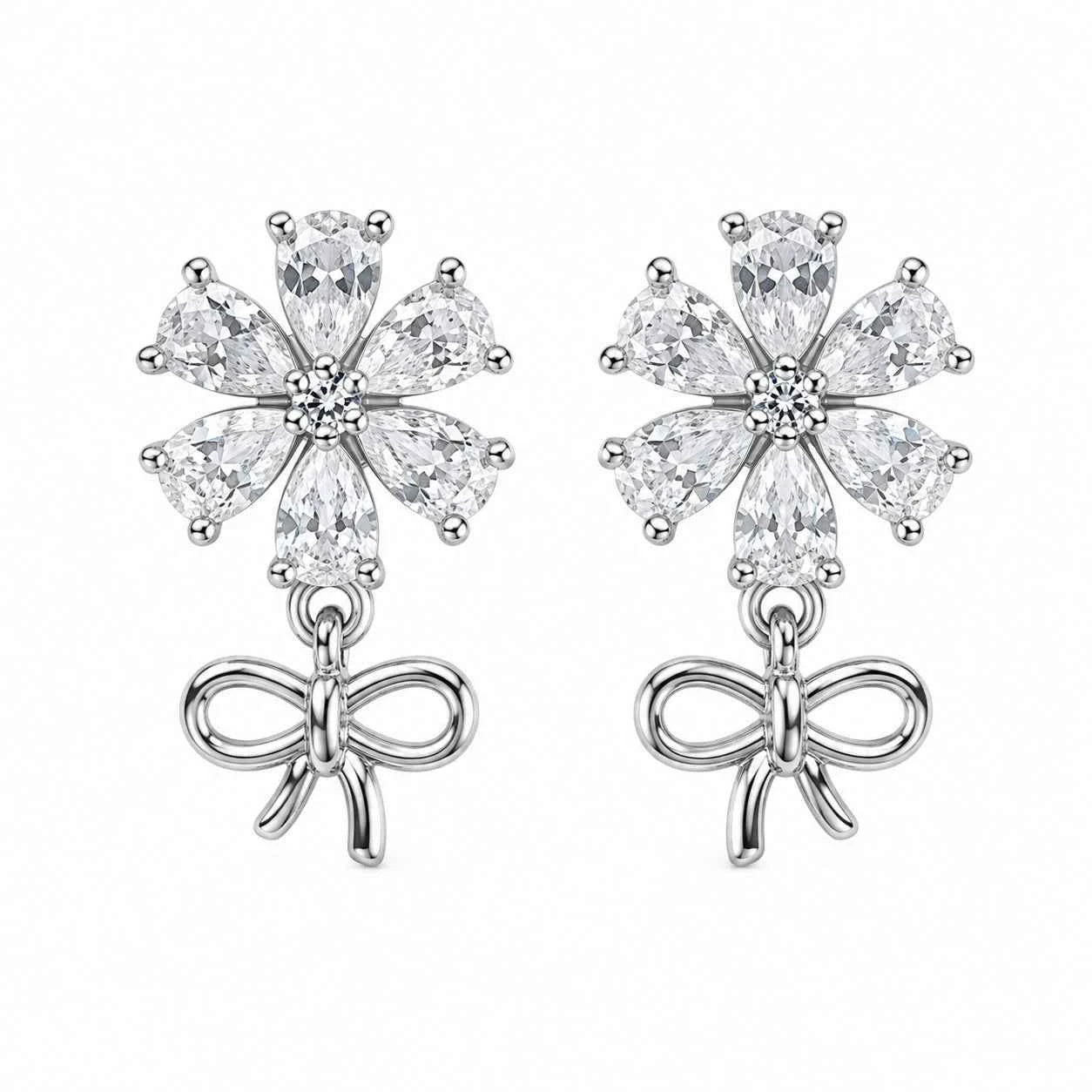 Crystal Blossom Bow Drop Stud Earrings