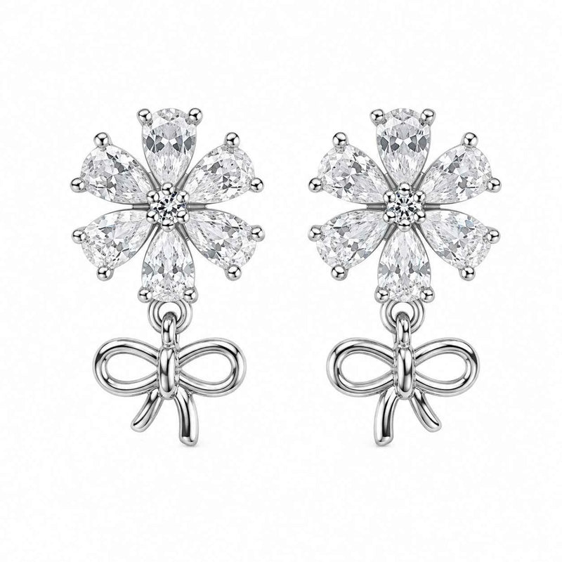 Crystal Blossom Bow Drop Stud Earrings