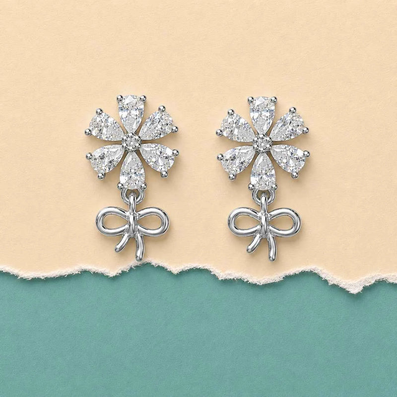 Crystal Blossom Bow Drop Stud Earrings