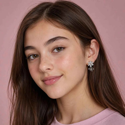 Crystal Blossom Bow Drop Stud Earrings