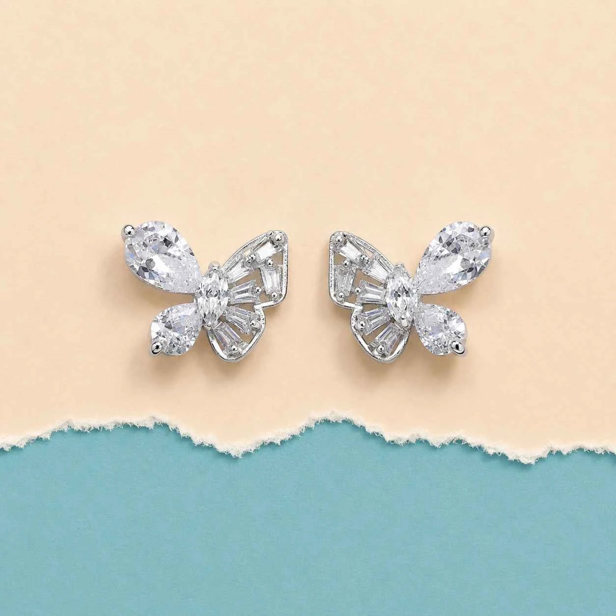 Butterfly stud earrings, 925 silver, with four crystal teardrop stones