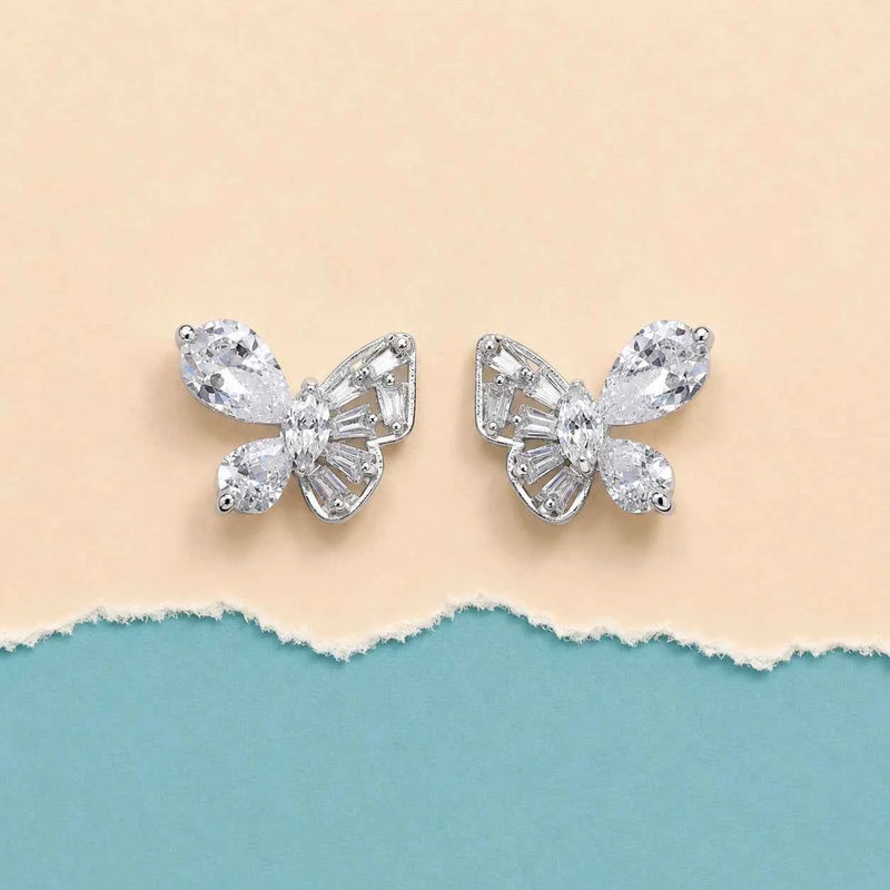 Butterfly stud earrings, 925 silver, with four crystal teardrop stones