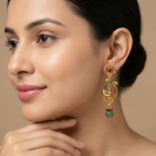 Antique Gold Plated Floral Peacock Earrings with Green Bead Drops