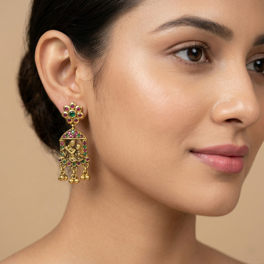Antique Gold Plated Radha Krishna Temple Earrings with Multicolor Stones & Bead Danglers