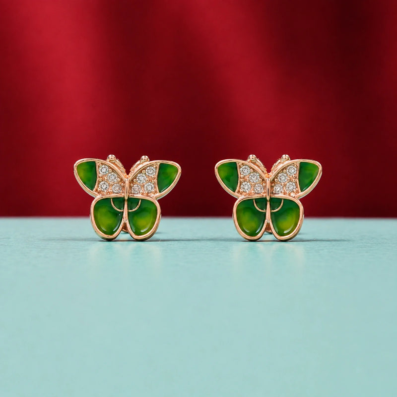 Emerald Butterfly Rose Gold Stud Earrings
