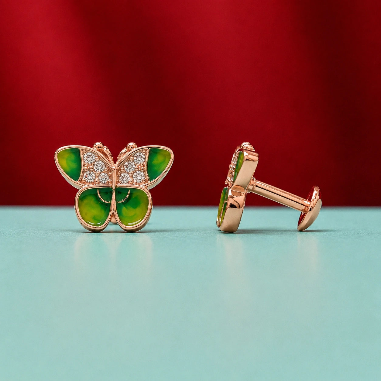 Emerald Butterfly Rose Gold Stud Earrings