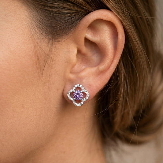 Purple Crystal Clover Studs