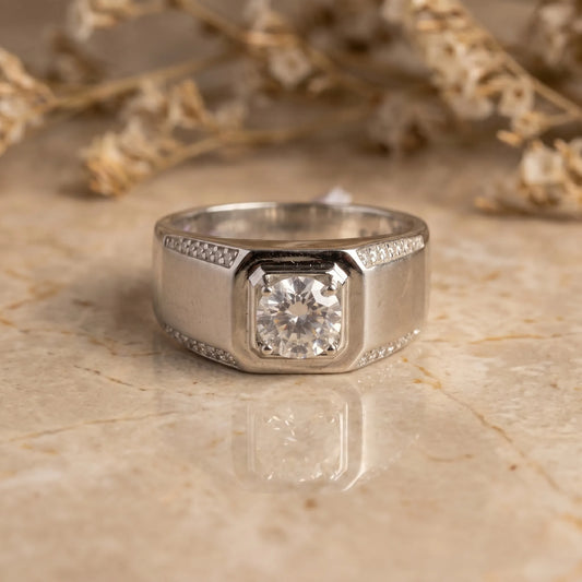 Men’s Royal Sterling Silver Geometric CZ Crown Ring with Wide Band