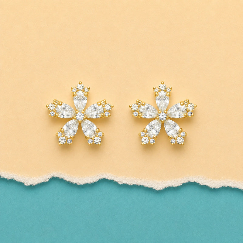 Golden Crystal Blossom Stud Earrings