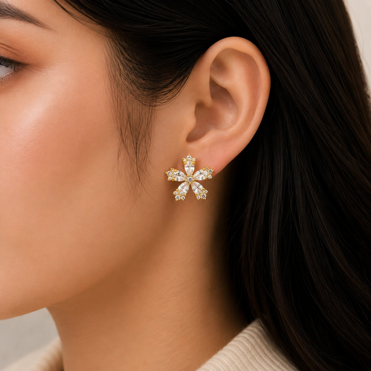 Golden Crystal Blossom Stud Earrings