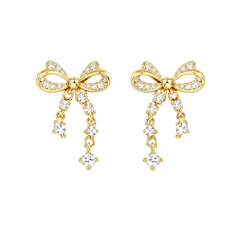 Golden Ribbon Sparkle Drop Stud Earrings