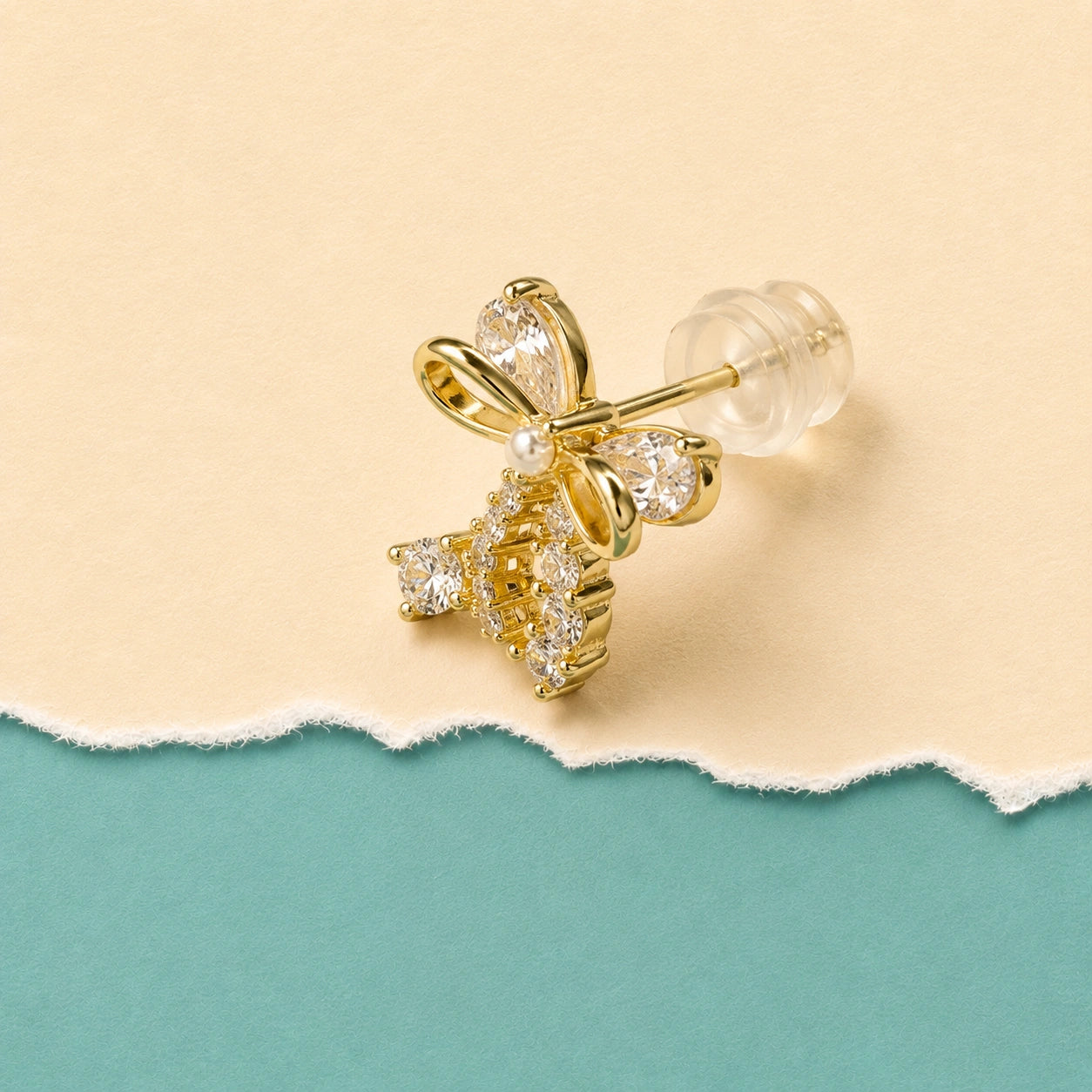 Golden Ribbon Sparkle Drop Stud Earrings
