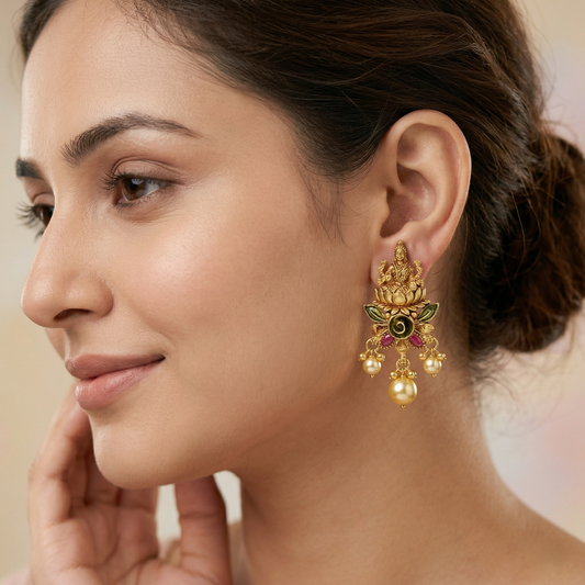Antique Gold Plated Lakshmi Temple Earrings with Lotus Motif & Pearl Drops
