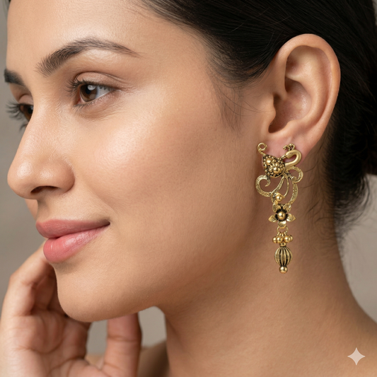 Vintage Peacock Motif Gold Plated Drop Earrings with Floral Detailing