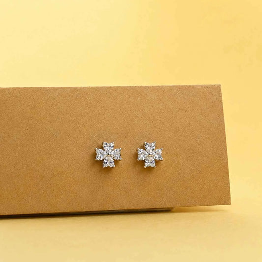 Crystal flower stud earrings, multi-petal cluster with round center, silver-tone posts