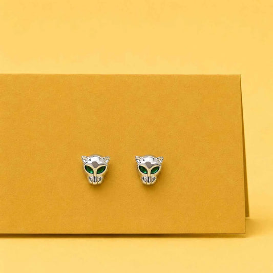 Panther face stud earrings in silver-tone with green eye enamel, small cat-head design