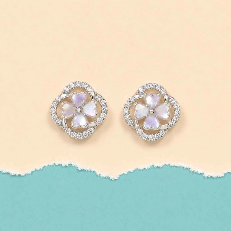 925 silver flower stud earrings with iridescent mother-of-pearl petals and diamond halo