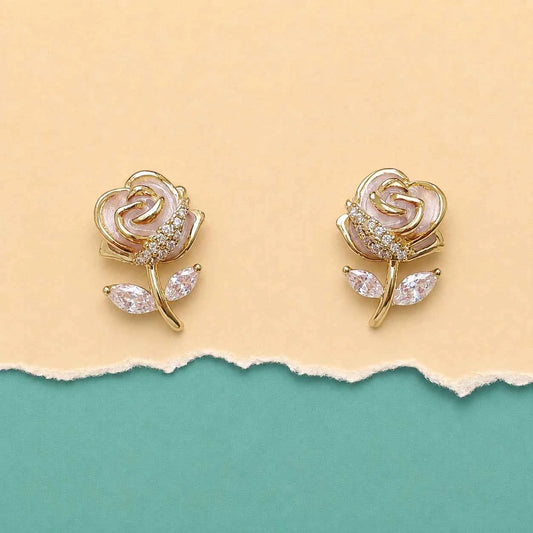 Rose blossom stud earrings, pair with gold-tone rose and pink teardrop petals