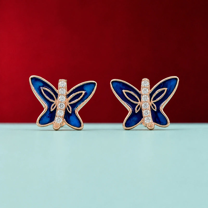 Rose Gold Blue Butterfly CZ Stud Earrings