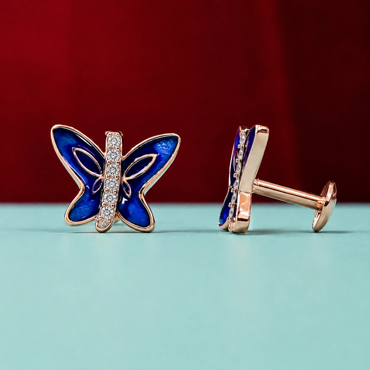Rose Gold Blue Butterfly CZ Stud Earrings