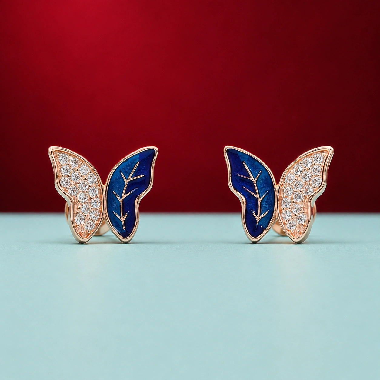 Rose Gold Blue Butterfly Stud