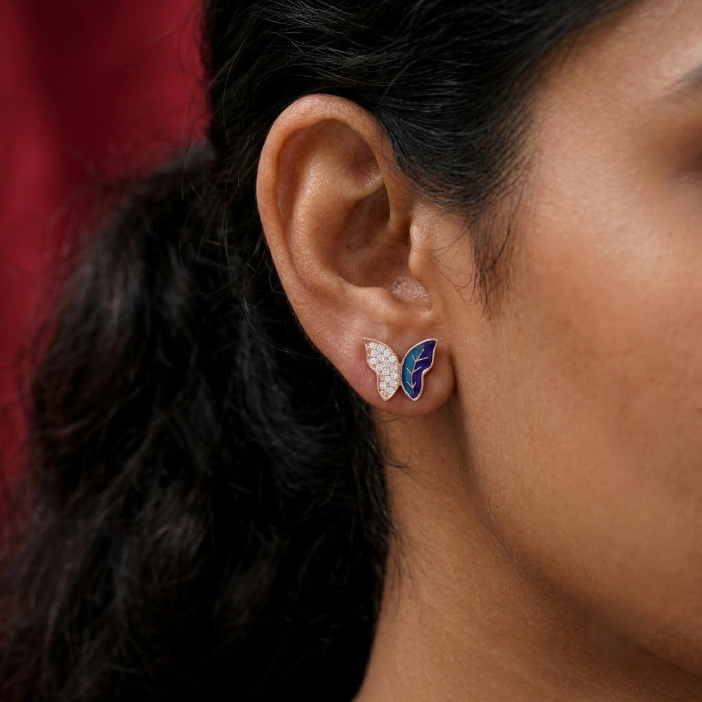 Rose Gold Blue Butterfly Stud