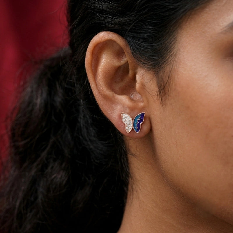Rose Gold Blue Butterfly Stud