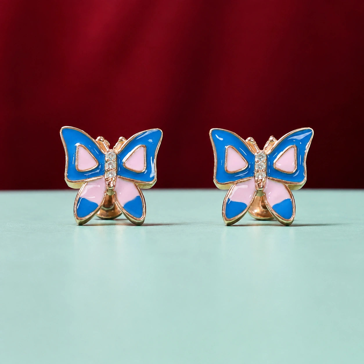 Rose Gold Blue & Pink Butterfly Stud