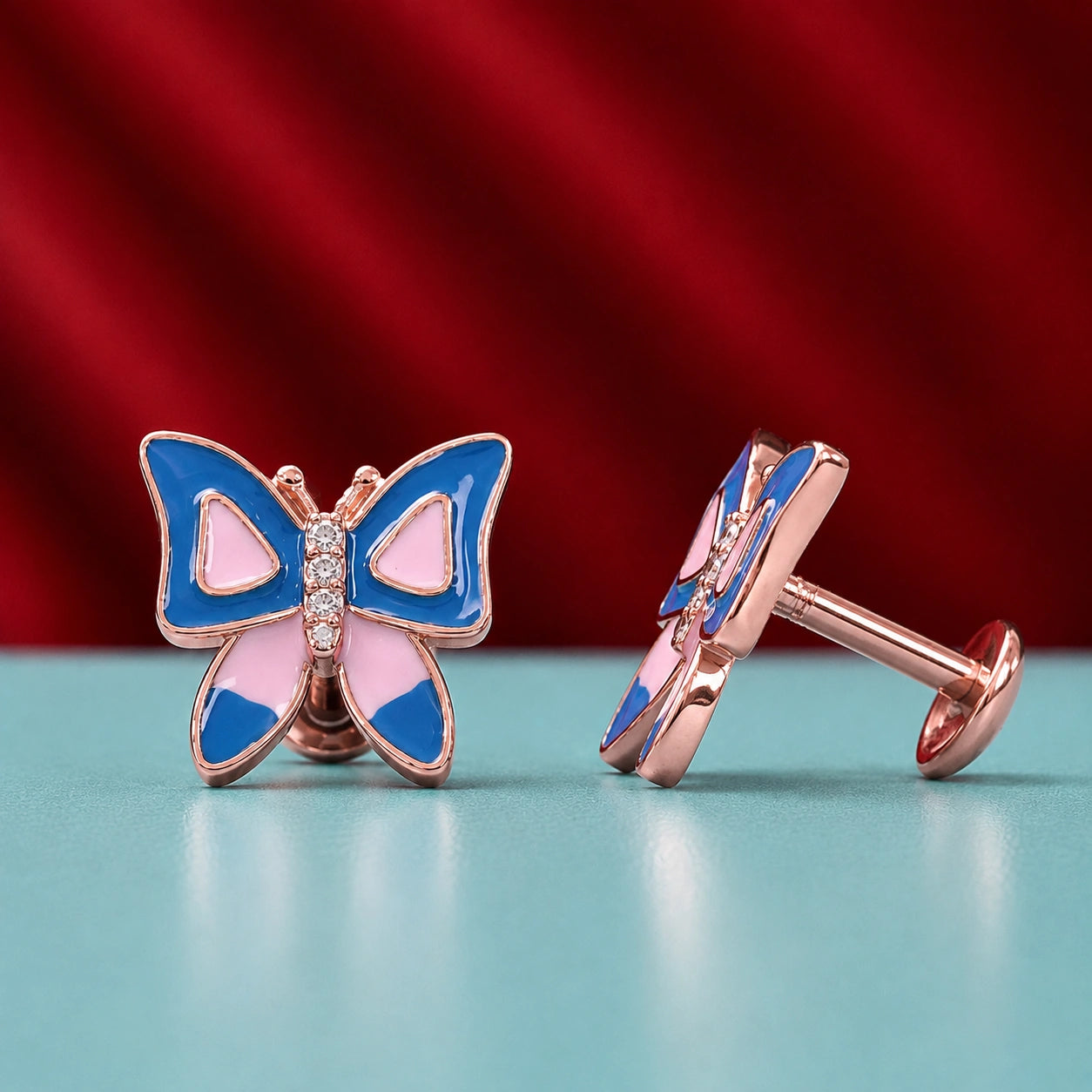 Rose Gold Blue & Pink Butterfly Stud