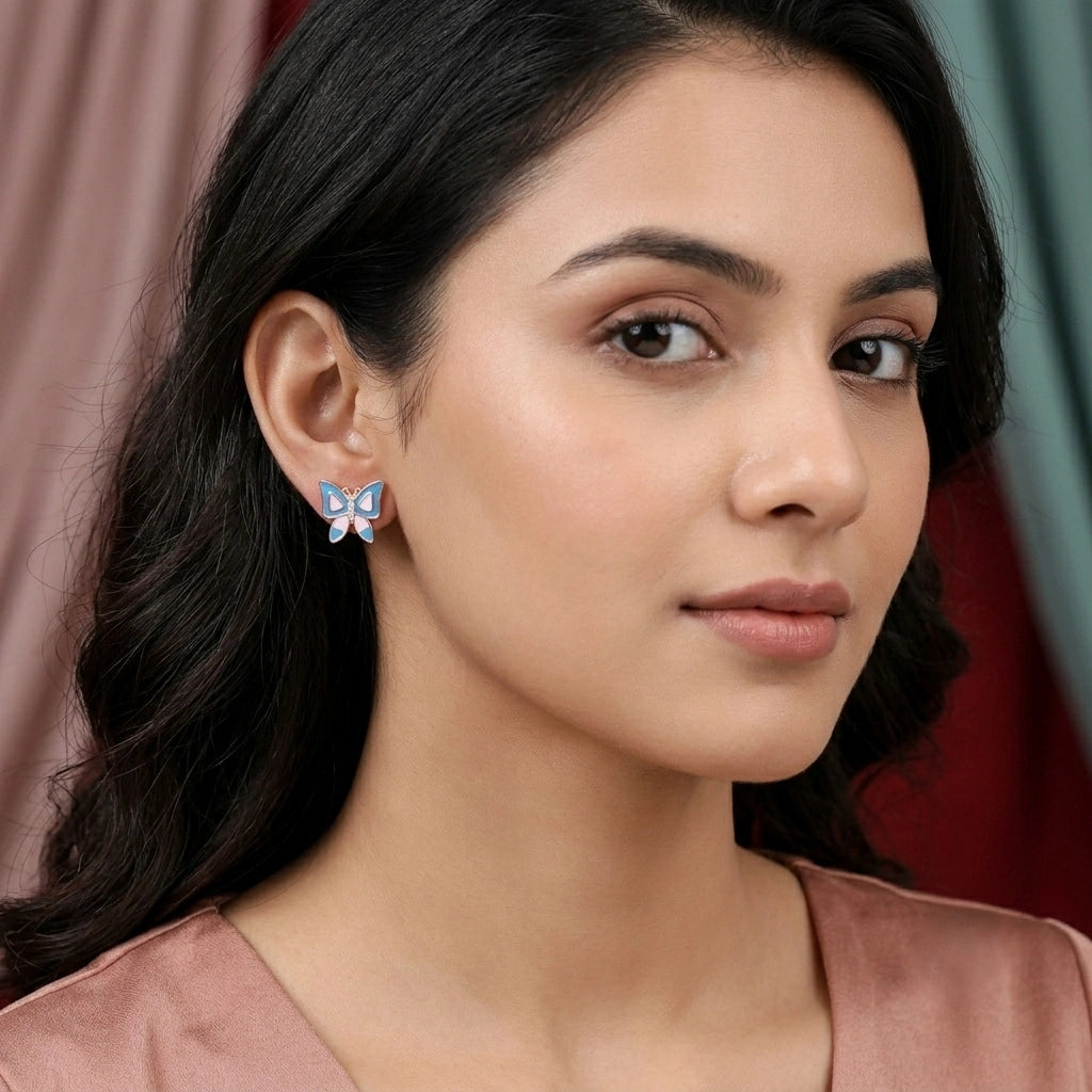 Rose Gold Blue & Pink Butterfly Stud