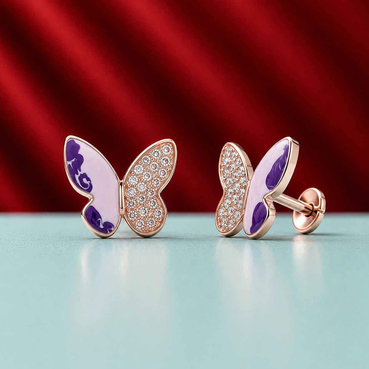 Rose Gold Purple Butterfly Stud