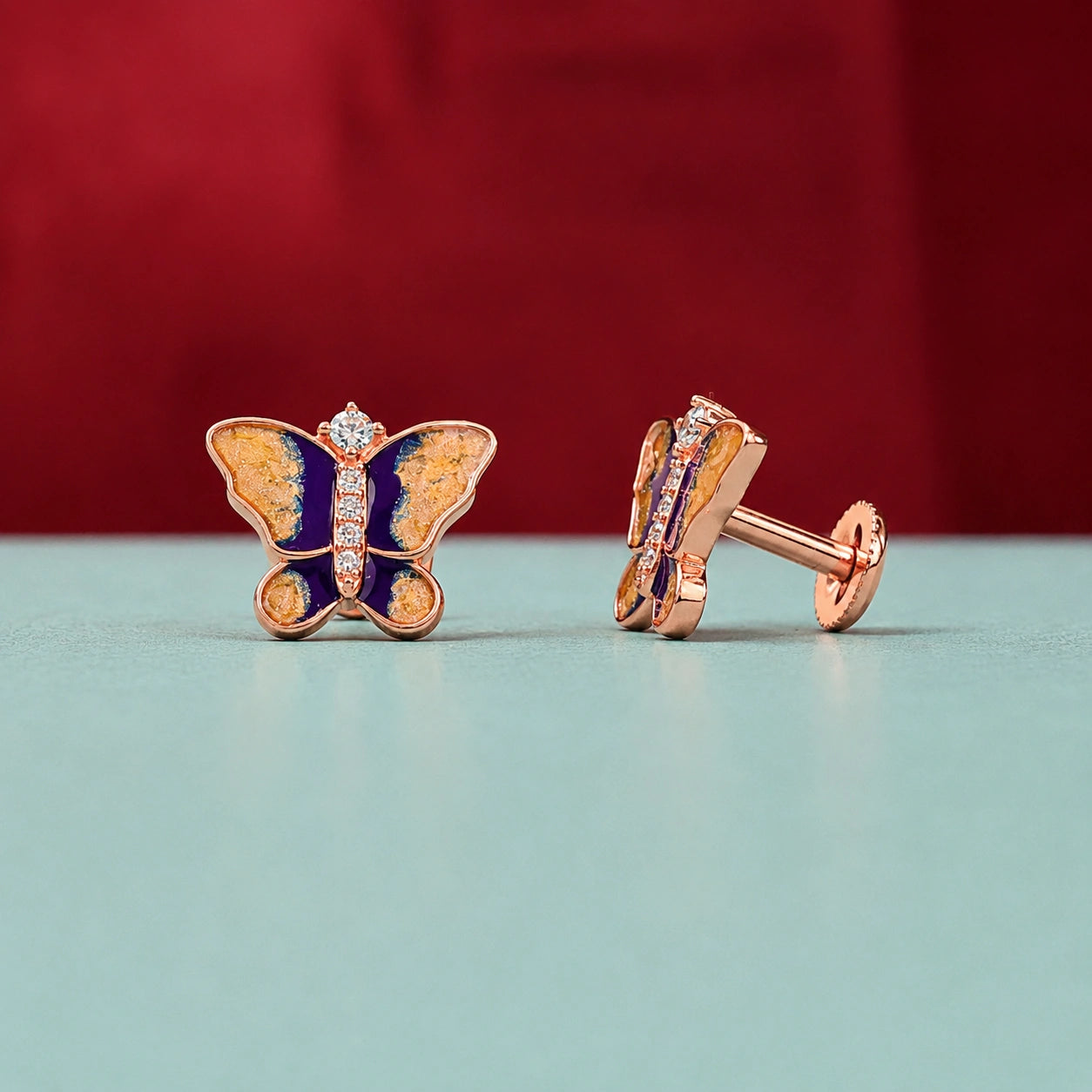 Rose Gold Purple & Orange Butterfly Stud