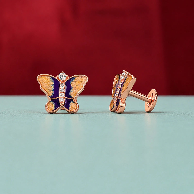 Rose Gold Purple & Orange Butterfly Stud